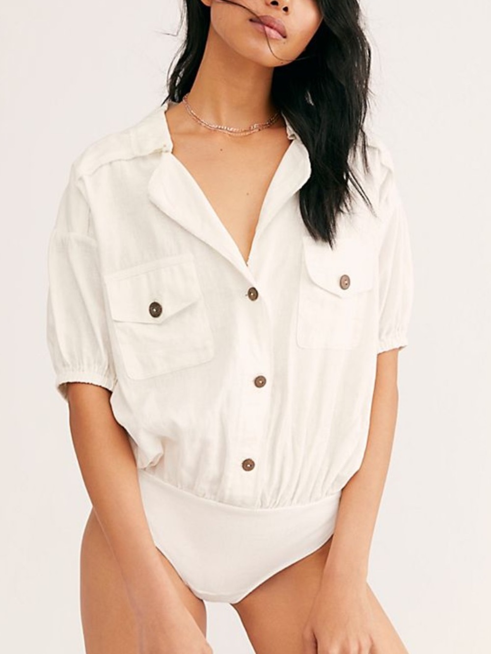 Free people linen blend so fari body suit shirt